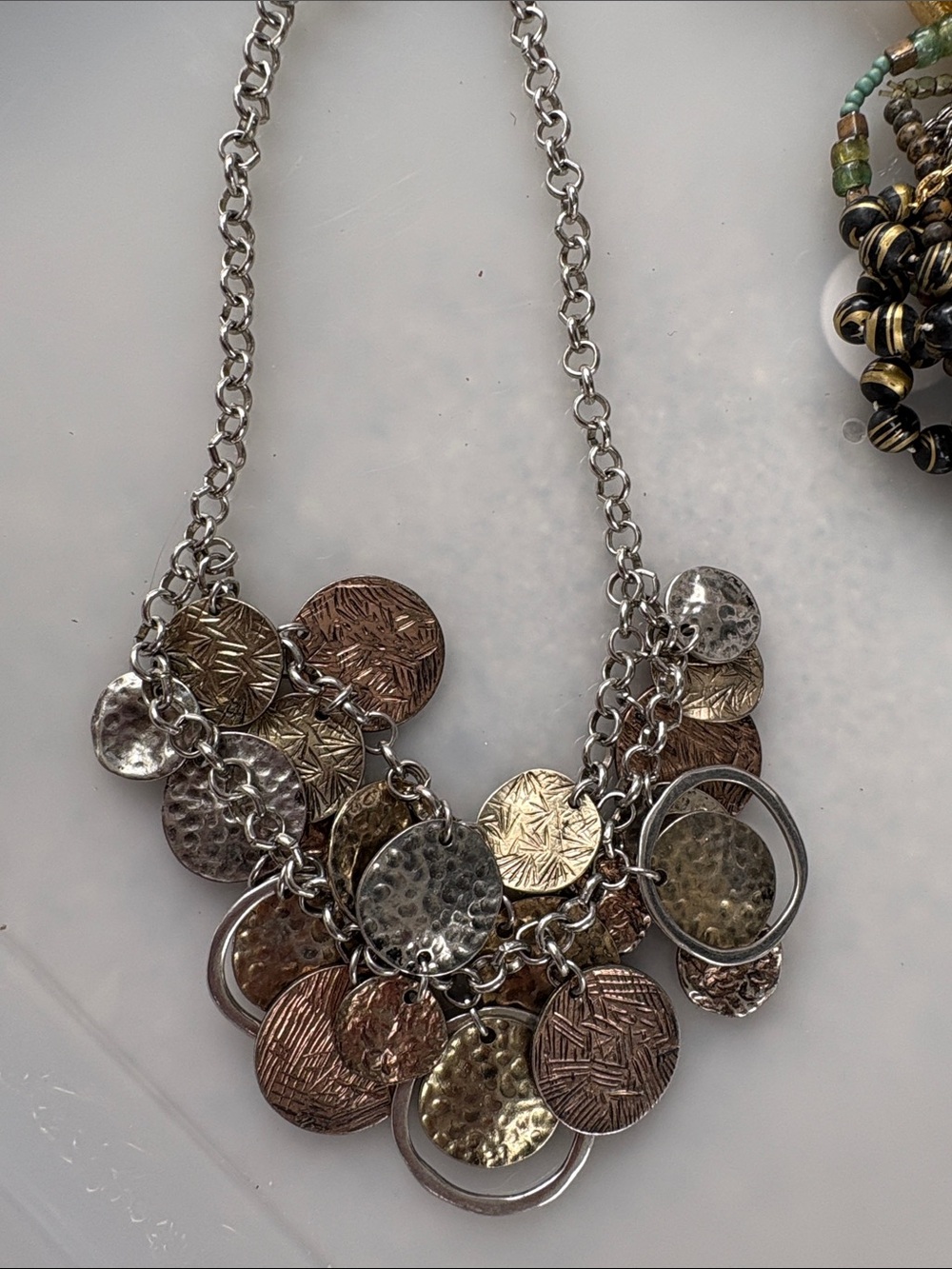 4-Multi-Tone Disc Statement Necklace - Silver, Gold & Copper